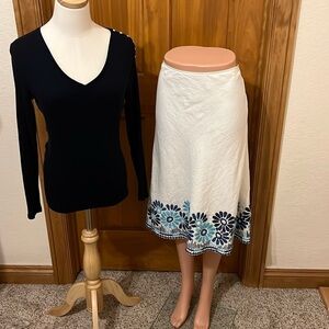 EUC Lafayette 148 White/Blue/Turquoise lined skirt size 10 w/sequins 100% Linen